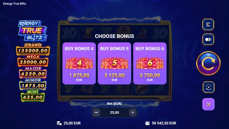 Energy True Blitz — bonusa pirkšanas izvēlne