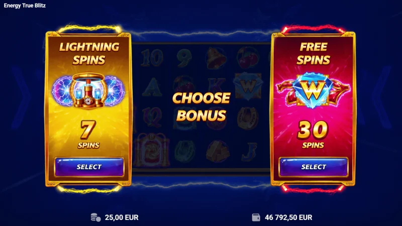 Energy True Blitz — Lightning Spins varianta izvēle